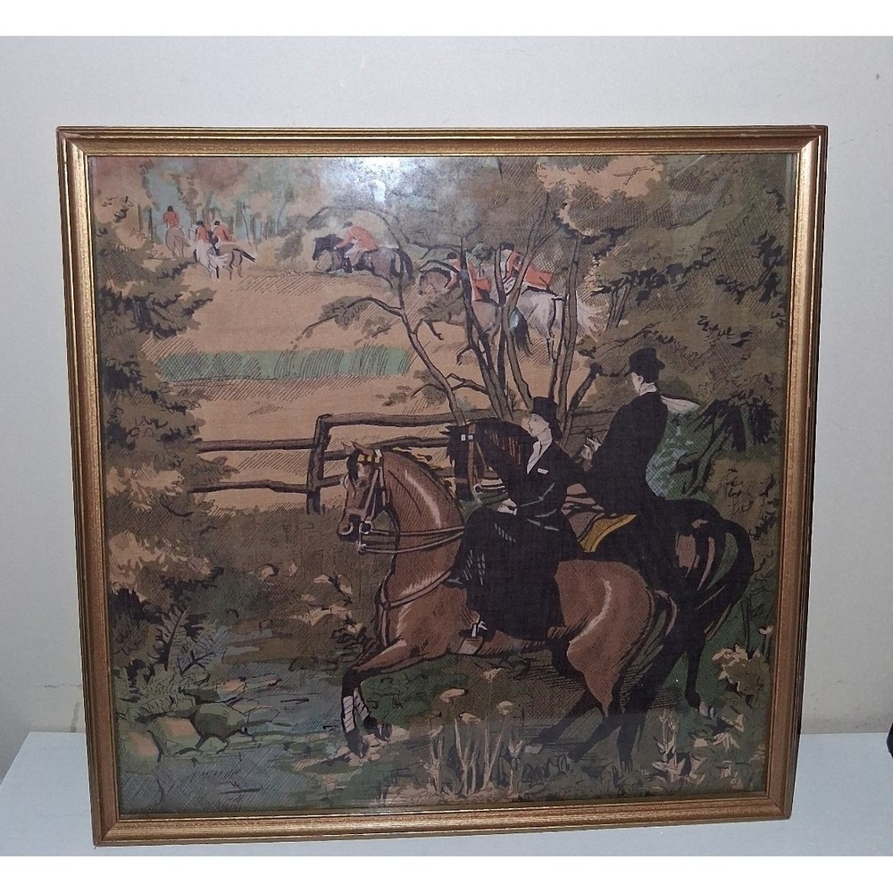 Vintage Framed Fabric Textile Equestrian Horse Riding Scene 13" x 13"